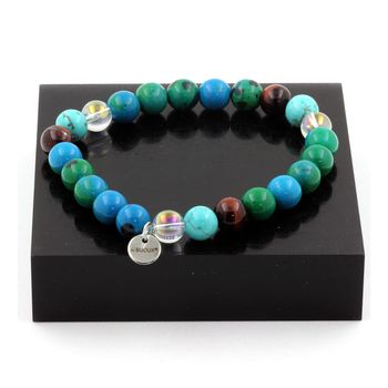 Bracelet Perles Oeil de Tigre rouge + Chrysocolle + Turquoise + Quartz Titane 8 mm.