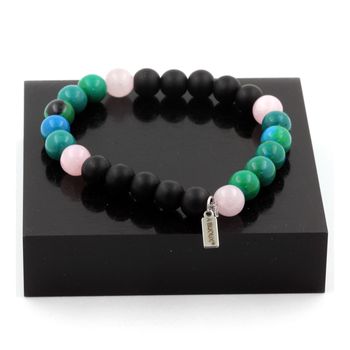 Bracelet Perles Quartz rose + Chrysocolle + Onyx noir mat 8 mm.