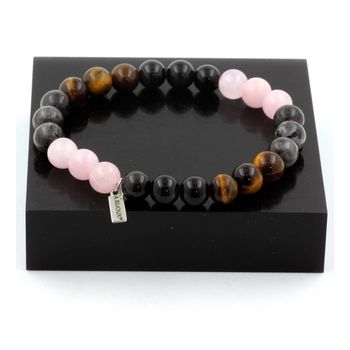 Bracelet Perles Quartz rose + Labradorite + Obsidienne noire + Oeil de Tigre 8 mm.