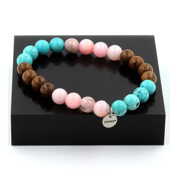 Bracelet Perles Opale Rose + Turquoise + bois 8 mm.
