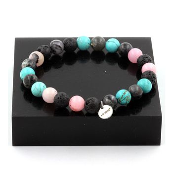 Bracelet Perles Opale Rose + Labradorite + Lave + Turquoise 8 mm.