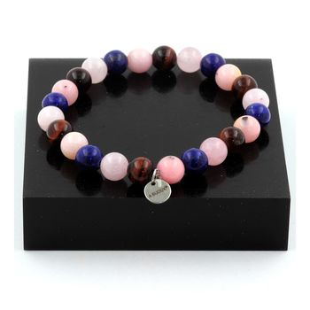 Bracelet Perles Quartz Rose + Oeil de Tigre rouge + Lapis Lazuli + Opale Rose 8 mm.