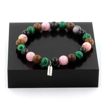 Bracelet Perles Opale Rose + Obsidienne noire + Malachite + bois 8 mm.