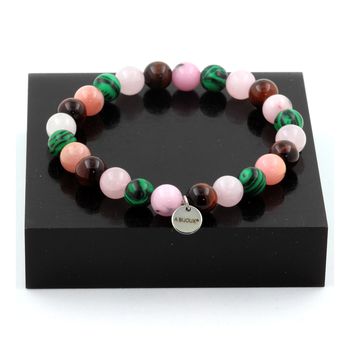 Bracelet Perles Opale Rose + Oeil de Tigre rouge + Quartz rose + Malachite 8 mm.