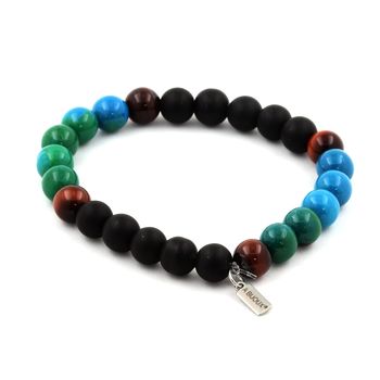 Bracelet Perles Oeil de Tigre rouge + Chrysocolle + Onyx noir mat 8 mm.