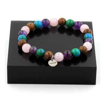 Bracelet Perles Quartz rose + Améthyste + Chrysocolle + bois 8 mm.