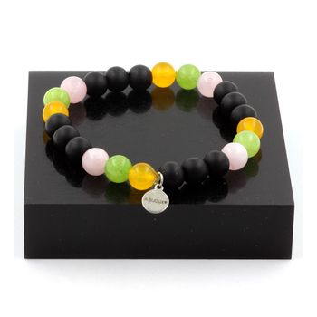 Bracelet Perles Quartz rose + Agate jaune + Péridot + Onyx noir mat 8 mm.