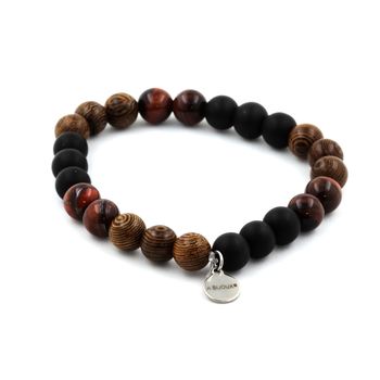 Bracelet Perles Oeil de Tigre rouge + Onyx noir mat + bois 8 mm.