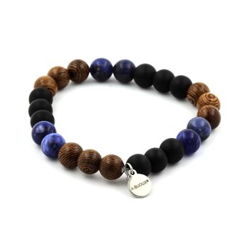 Bracelet Perles Sodalite + Onyx noir mat + bois 8 mm.