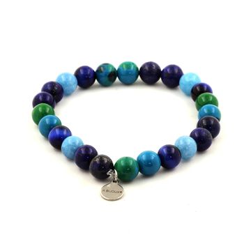 Bracelet Perles Oeil de Tigre bleu + Calcédoine bleu + Lapis Lazuli + Chrysocolle 8 mm.