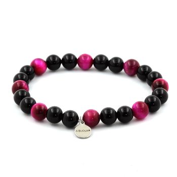 Bracelet Perles Oeil de Tigre Fuschia + Agate noire 8 mm.