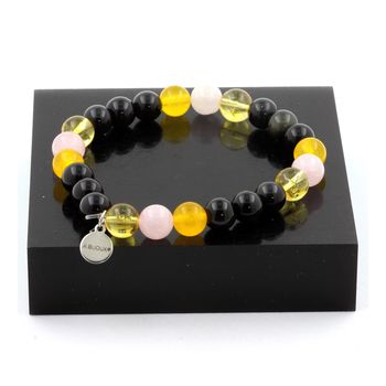 Bracelet Perles Obsidienne noire + Agate jaune + Citrine + Quartz rose 8 mm.
