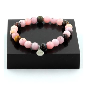 Bracelet Perles Opale Rose + Oeil de Tigre multicolore 8 mm.