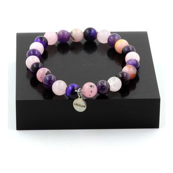 Bracelet Perles Oeil de Tigre violet + Quartz rose + Améthyste + Opale Rose 8 mm.