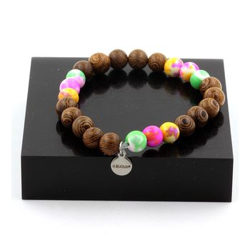 Bracelet Perles Jaspe vert rose + Jaspe jaune violet + Jaspe rose jaune + bois 8 mm.