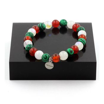 Bracelet Perles Agate Rouge + Pierre de lune + Malachite 8 mm.