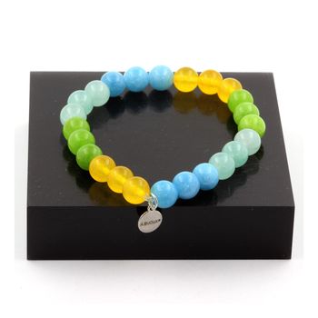 Bracelet Perles Angélite + Calcédoine bleu + Péridot + Agate jaune 8 mm.