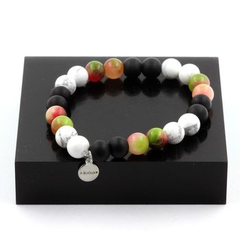 Bracelet Perles Tourmaline melon d'eau + Howlite + Onyx noir mat 8 mm.