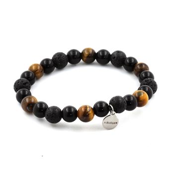 Bracelet Perles Oeil de Tigre + Lave + Agate noire 8 mm.
