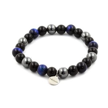 Bracelet Perles Oeil de Tigre bleu + Hématite + Agate noire 8 mm.