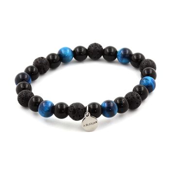 Bracelet Perles Oeil de Tigre bleu clair + Lave + Agate noire 8 mm.