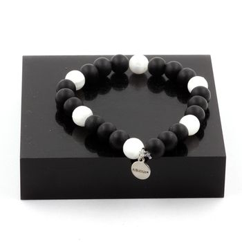 Bracelet Perles Onyx noir mat + Selenite du Maroc 8 mm.