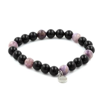 Bracelet Perles Agate noire + Mica violet de Tanzanie 8 mm.