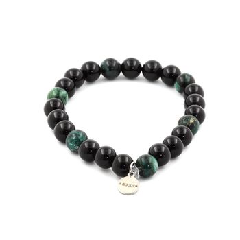 Bracelet Perles Agate noire + Emeraude de Zambie 8 mm.