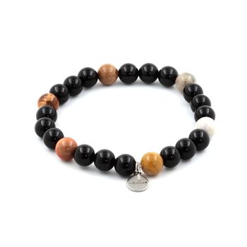 Bracelet Perles bois pétrifié + Agate noire 8 mm.