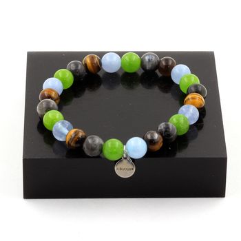 Bracelet Perles Aigue-Marine + Oeil de Tigre + Labradorite + Péridot 8 mm.