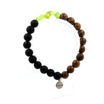 Peridot from Myanmar (Burma) + Matte Black Onyx + Wood Bracelet 8 mm Beads.