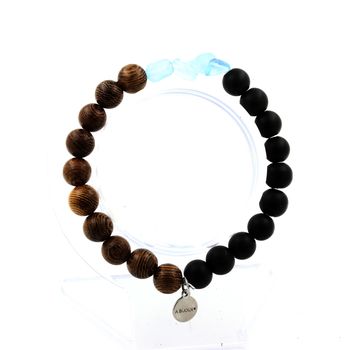 Bracelet Aigue-Marine du Brésil + Perles Onyx noir mat + bois 8 mm.