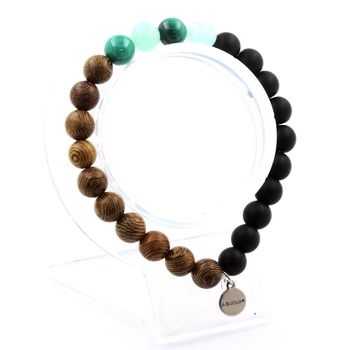 Bracelet Perles Malachite du Congo + Amazonite + Onyx noir mat + bois 8 mm.