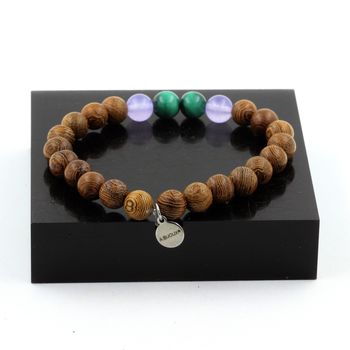 Malachite from Congo + Lavender Chalcedony + wood Bracelet 8 mm Beads.