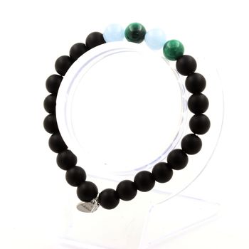 Bracelet Perles Malachite du Congo + Aigue-Marine + Onyx noir mat 8 mm.