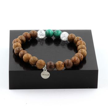Malachite from Congo + Cracked Quartz + wood Bracelet 8 mm Beads.