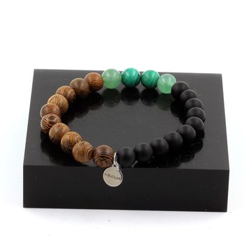 Bracelet Perles Malachite du Congo + Aventurine + Onyx noir mat + bois 8 mm.