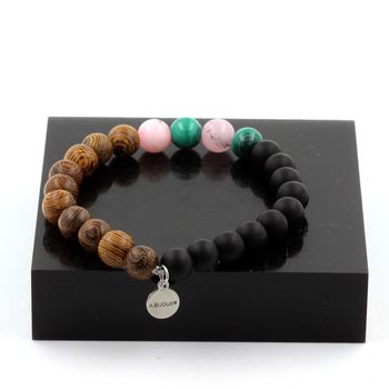 Malachite from Congo + Pink Opal + Matte Black Onyx + Wood Bracelet 8 mm Beads.