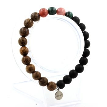 Bracelet Perles Malachite du Congo + Pierre de Soleil + Onyx noir mat + bois 8 mm.