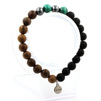 Bracelet Perles Malachite du Congo + Hématite + Onyx noir mat + bois 8 mm.