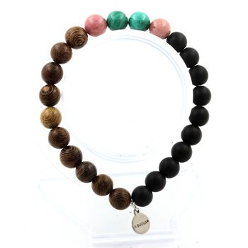 Bracelet Perles Malachite du Congo + Rhodonite + Onyx noir mat + bois 8 mm.