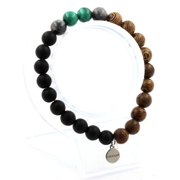 Malachite from Congo + Labradorite + Matte Black Onyx + Wood Bracelet 8 mm Beads.