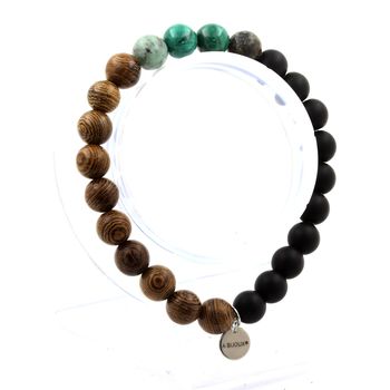 Bracelet Perles Malachite du Congo + Turquoise Africaine + Onyx noir mat + bois 8 mm.