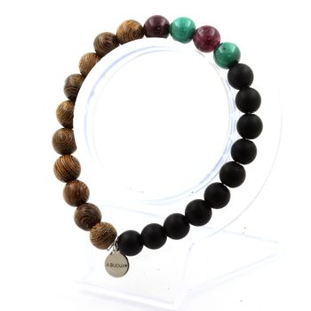 Bracelet Perles Malachite du Congo + Grenat + Onyx noir mat + bois 8 mm.