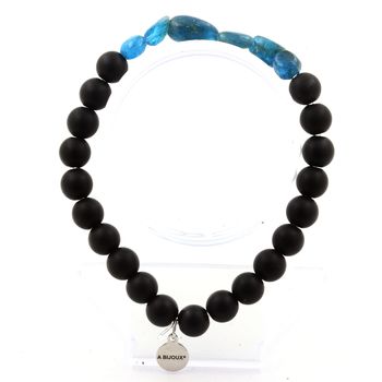 Bracelet Apatite bleu du Brésil + Perles Onyx noir mat 8 mm.