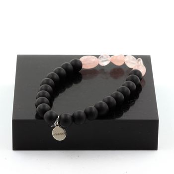 Bracelet Quartz rose du Brésil + Perles Onyx noir mat 8 mm.
