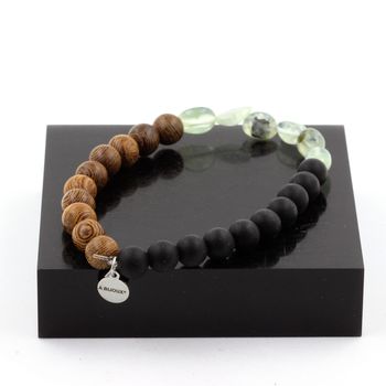Bracelet Prehnite du Canada + Perles Onyx noir mat + bois 8 mm.