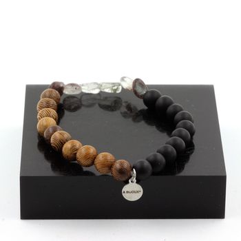 Bracelet Quartz fantôme vert du Brésil + Perles Onyx noir mat + bois 8 mm.