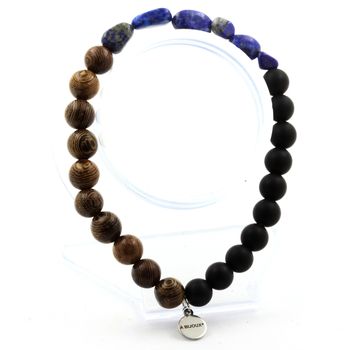 Bracelet Lapis Lazuli du Pakistan + Perles Onyx noir mat + bois 8 mm.