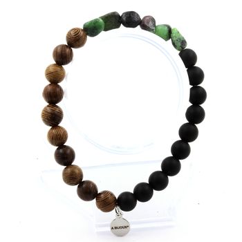 Epidote from Myanmar (Burma) + Matte Black Onyx + wood Bracelet 8 mm Beads.